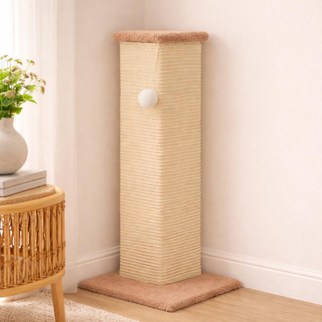 Cat climbing tower in a room with a wooden side table and plant