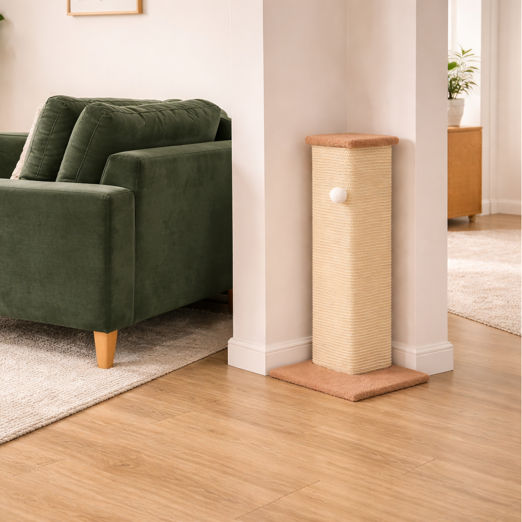 Green armchair in a living room with a wooden coffee table and decorative items.