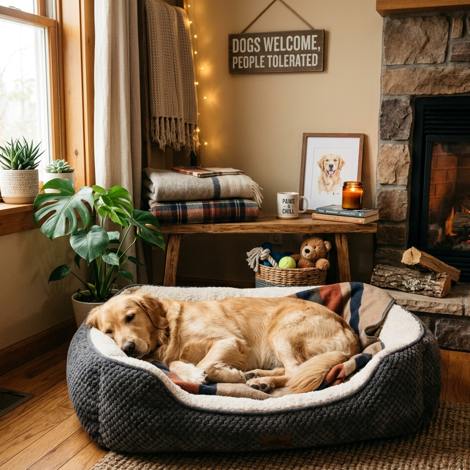 Dog lying on a cozy bed in a warm living room with a fireplace and decorative elements.